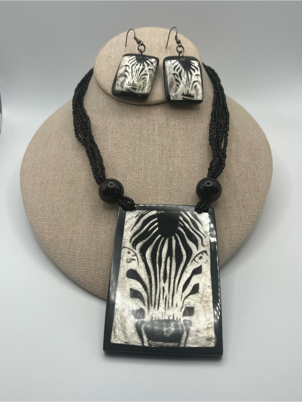 Black & White Zebra Pendant Necklace and Earring Set